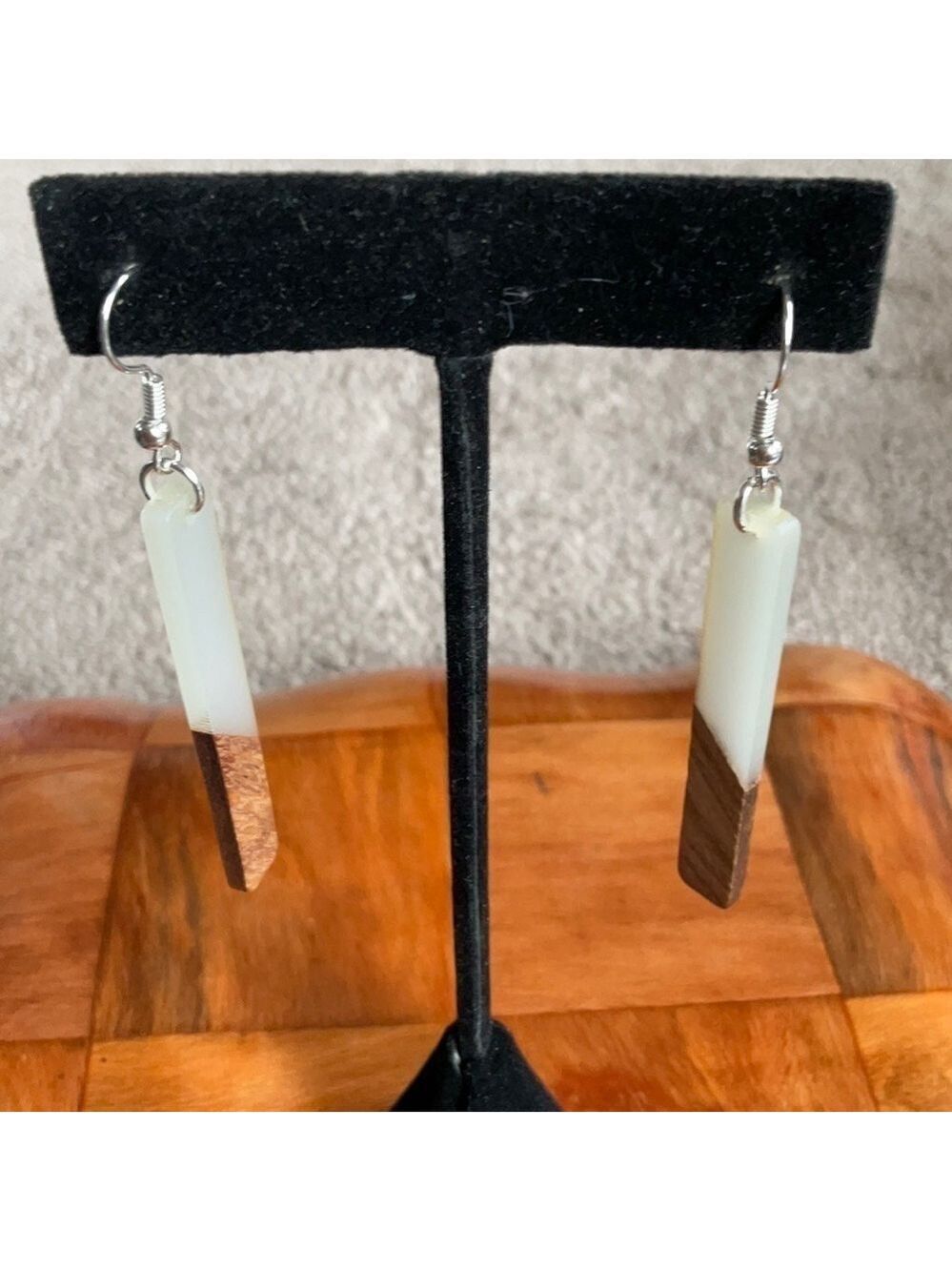 White Brown Resin Bar Dangle Earrings